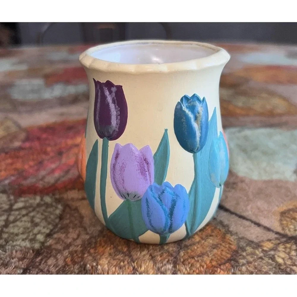 Vintage 1987 Hand-Painted Ceramic Tulip Vase Planter‎ Cottagecore Decor